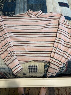 Free People Striped Mock Neck Top in Pink, Cream and Brown